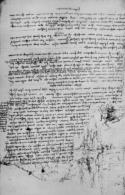 Stránka textu s náčrtky krajiny, c1480 1945 od Leonardo da Vinci