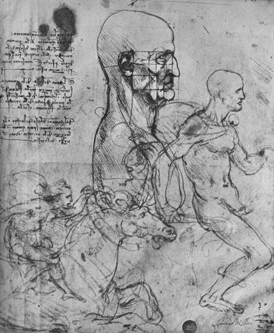 Profil muže čtvercového pro proporce a studie jezdců, c1480 1945 od Leonardo da Vinci