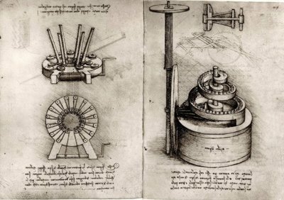 Studium mechaniky; pravá hnací pružina hodin od Leonardo da Vinci