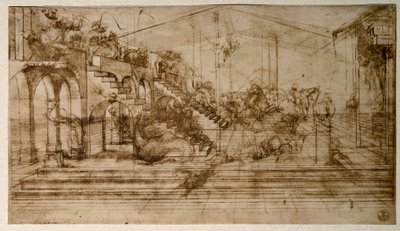Studie ke klanění tří králů (kresba tužkou od Leonardo da Vinci