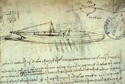 Studie lodi vybavené řadou vesel od Leonarda de Vinci (Leonardo da Vinci) (1452 - 1519). Kresba perem a inkoustem. Rukopis. Knihovna Institut de France. Paříž. od Leonardo da Vinci