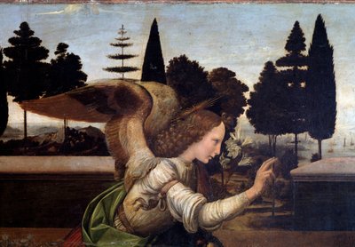 Zvěstování, detail anděla - olej na dřevě od Leonardo da Vinci