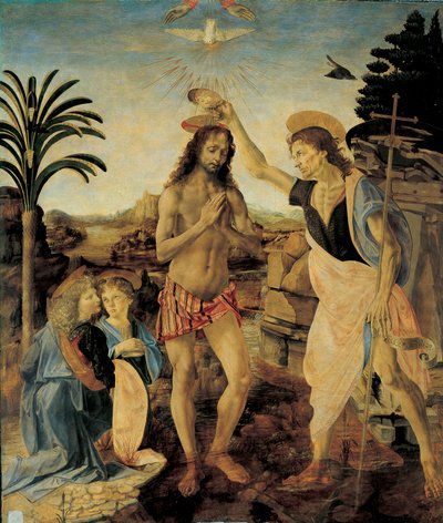 Křest Krista kolem 1475 - 1478 od Andrea del Verrocchio (1436-1488) a Leonardo da Vinci (Leonard z Vinci) (1452-1516), Olej a tempera na dřevě od Leonardo da Vinci