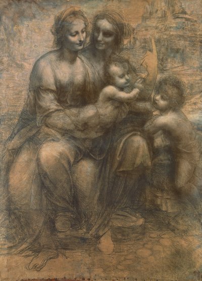 Panna s dítětem se svatou Annou a nemluvnětem Janem Křtitelem, kolem 1499-1500 (uhlem zvýrazněným bílou křídou na papíře, připevněno na plátně) od Leonardo da Vinci