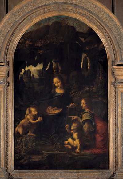 Obraz Panny Marie, Ježíška, svatého Jana Křtitele a anděla aneb „Panna se skalami“ od Leonarda de Vinci (Leonardo da Vinci) (1452-1519) Slunce 16. století. 1,99x1,22 m od Leonardo da Vinci