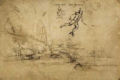 Zadní strana krajinářské kresby s postavou vojáka: perokresba Leonarda da Vinciho. Gabinetto dei Disegni e delle Stampe, Galerie Uffizi, Florencie od Leonardo da Vinci