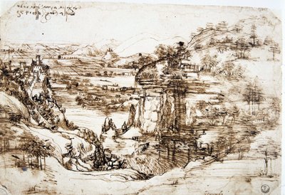 První známá kresba Leonarda de Vinci (Leonardo da Vinci) (1452-1519), „Krajina Santa Maria della Neve““: krajina údolí Arno poblíž Florencie. od Leonardo da Vinci