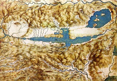 Topografický pohled na krajinu kolem nížiny Arezzo a Val di Chiana, počátek 16. století od Leonardo da Vinci