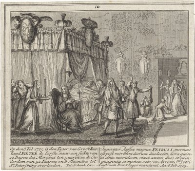 La mort de Pierre I le Grand, le 8 Fevrier 1725 - Smrt Petra Velikého dne 8. února 1725, Schenk, Leonard (1696-1767). Mědirytina od Leonardus Schenk