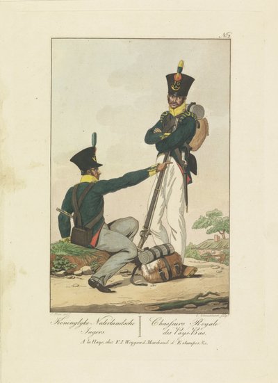 Dva lovci, 1814-1818 Koninglyke Nederlandsche Jagers / Chasseurs Royale des Pays-Bas (název na objektu) Sedm jednotných představení 1814-1818 (název seriálu) od Leonardus Schweickhardt