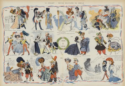 14. července - vojenský přehled uplynulého století. Ilustrace pro Le Rire od Leonce Burret