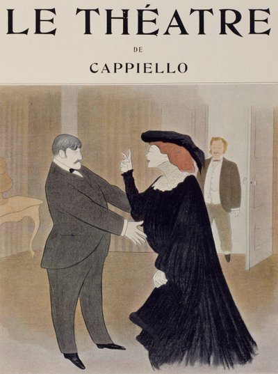 Herci Lucien Quitry a Jane Harding ve scéně z La Chatelaine, uvedení v renesančním divadle v Paříži, kresba Leonetto Cappiello (1875-1942), titulní strana časopisu Theatre, duben 1903 od Leonetto Cappiello