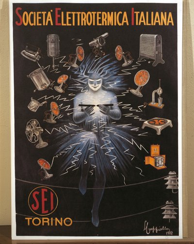 Barevná litografie od Leonetta Cappiella, SEI, reklamní plakát společnosti Electroheat Italian Company od Leonetto Cappiello