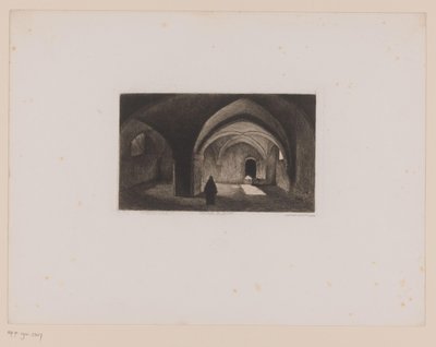 Mnich v temné místnosti s klenutým stropem College de Cluny (název na objektu) Paříž přichází a Paříž odchází (název série) Paris qui s
