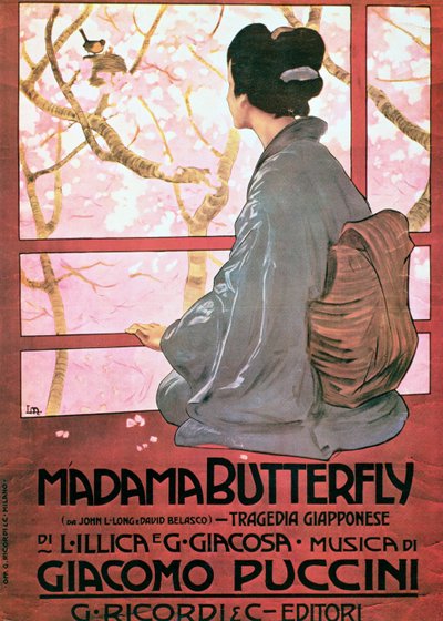 Frontispis notového zápisu k "Madame Butterfly" od Giacoma Pucciniho (1858-1924) (barevná litografie) (viz také 56537) od Leopoldo Metlicovitz