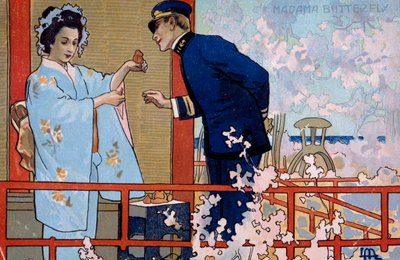 Pohlednice vytvořená pro premiéru "Madame Butterfly" v Brescii od Leopoldo Metlicovitz