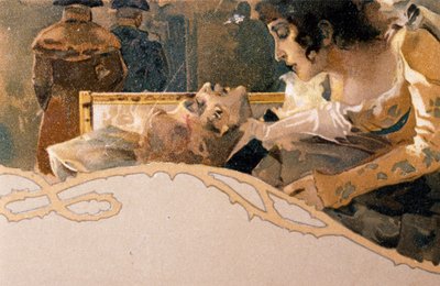 Pohlednice ilustrovaná Leopoldem Metlicovitzem (1868-1944) zobrazující scény z opery Tosca od Giacoma Pucciniho (1858-1924) od Leopoldo Metlicovitz