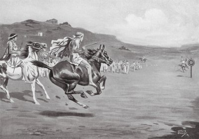 Řečtí jezdci házející oštěpem (litografie) od Leslie Mosley