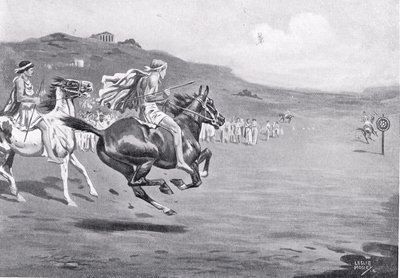 Řečtí jezdci házející oštěpem, ilustrace z „Hutchinsonových dějin národů“, 1915 od Leslie Mosley