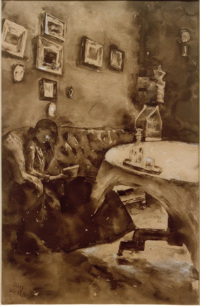 Interiér s dámou na čtení od Lesser Ury