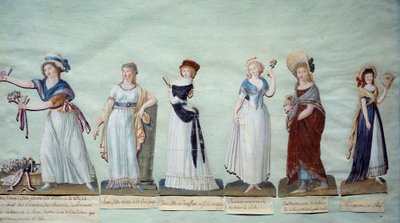 Různé mladé ženy představující ženskou módu během revoluce. Gouache des freres Lesueur (18. století) Paříž, Musee Carnavalet od Lesueur Brothers