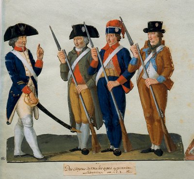 Francouzská revoluce: „Občané cvičící“ kvaš od bratří Lesueurů (18. století) Paříž. Muzeum karnevalu od Lesueur Brothers