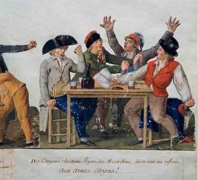Francouzská revoluce: „“ Občané zpívají hymnu Marseille: se zbraněmi Občané...““ V hostinci bez kalhotek zpívá Marseillaise. Rytina bratří Lesueurů (18. století). Musee Carnavalet, Paříž od Lesueur Brothers