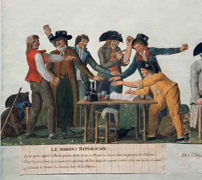 Francouzská revoluce: "" Republikánská přísaha: občané skládají svou krev, že se nevrátí domů, dokud nevyženou Rakušany a Prusy z Francie." Gouache des freres Lesueur (18. století). 18. století. Paříž. Muzeum karnevalu od Lesueur Brothers