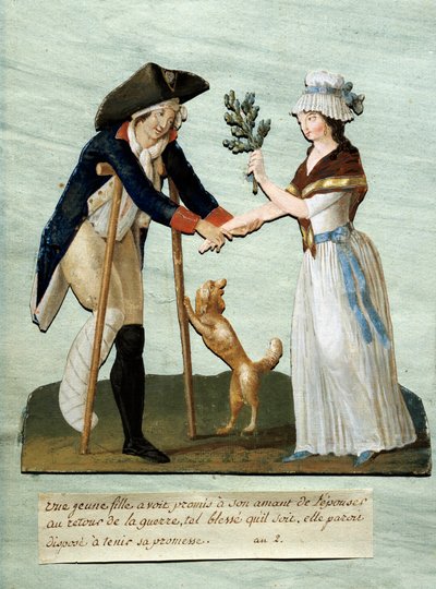 Francouzská revoluce: „“ mladá dívka najde své slíbené rány po válce a dodrží svůj slib, že si ji vezme““ Gouache des brothers Lesueur (18. století). Paris Musee Carnavalet od Lesueur Brothers