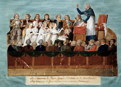 Francouzská revoluce: „“občané Paříže nabízející své šperky Národnímu shromáždění““ Illustration des Freres Lesueur (18. století). 1792-1795. Paříž, muzeum Carnavalet - Anglická revoluce - Občané Paříže darovali své šperky Nati od Lesueur Brothers