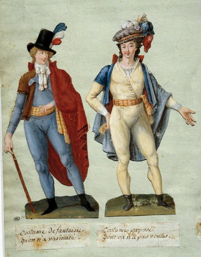Francouzská revoluce: kostýmy fantasy revolucionářů, které nebyly napodobeny. Gouache des freres Lesueur (18. století) od Lesueur Brothers