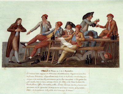 Francouzská revoluce z roku 1789: „“Vězeňský soud 2. a 3. září““ Satirická reprezentace revolučního soudu, členové nemají jurisdikci ve věcech spravedlnosti a soudí případy pitím vína a kouřením. Gouache des freres Lesueur od Lesueur Brothers