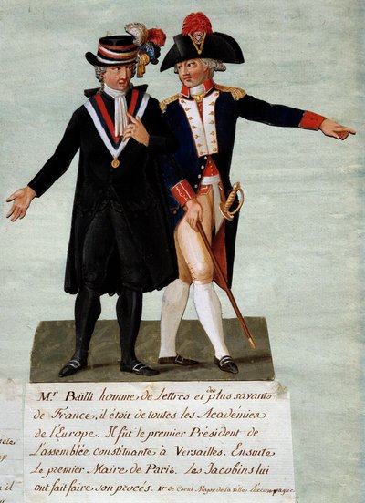 Francouzská revoluce: zastoupení Jeana Sylvaina Baillyho (1736-1793), předsedy Ústavodárného shromáždění ve Versailles a tehdejšího starosty města Paříže, nařídil 17. července 1791 na Champs zastřelit jezdce zaměřené na svržení krále. -de-Mars. On od Lesueur Brothers
