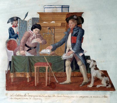 Francouzská revoluce: obyvatelé venkova prodávali své jídlo za přidělence, které pak přišli vyměnit za peníze do Paříže. Gouache des Freres Lesueur (18. století) od Lesueur Brothers