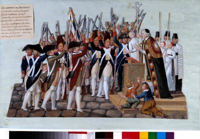 Francouzská revoluce: přísaha okresů. Po vyhlášení ústavy se lidé shromáždili na veřejných prostranstvích, léčitelé předsedali shromážděním. Gouache des freres Lesueur (18. století). 1789. Paříž, Musee Carnavalet od Lesueur Brothers