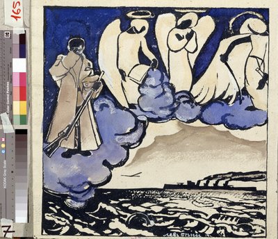 ""Válka. Rusko. 1914"" Alegorie první světové války. Voják a andělé. Pero a kvaš od Lva Bruniho (1894-1948) 1914 Státní muzeum historie, architektury a umění, Rybinsk, Rusko od Lev Aleksandrovitc Bruni