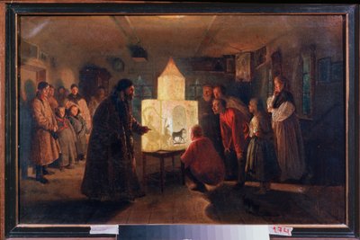 Kouzelná lucerna v selském domě - obraz Lva Grigorieviče Solovjeva (1837-1919), olej na plátně od Lev Grigoryevich Solovyev