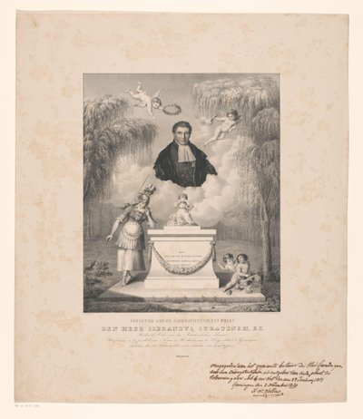 Portrét Sibrandus Stratingh Věnováno památce zesnulého pana Sibranduse Stratingha, E.Z. (název na objektu) od Levi Michiel Bendix