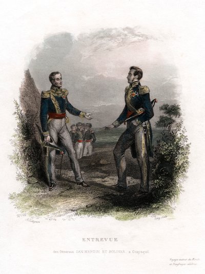 Setkání mezi generály San Martinem a Bolivarem, Guayaquil, Ekvádor, 1822, 19. století. od Levy