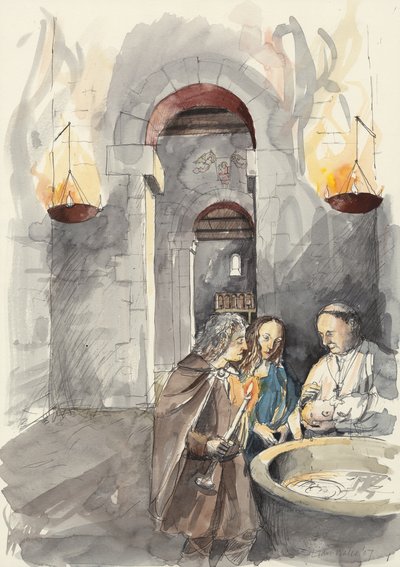 Křest v kostele svatého Petra, Barton-upon-Humber, Lincolnshire (akvarel na papíře) od Liam Wales