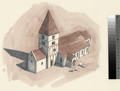 Rekonstrukční kresba kostela sv. Petra z normanského období (akvarel na papíře) od Liam Wales
