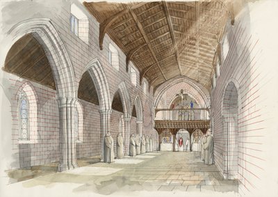 Rekonstrukce lodi opatského kostela v opatství Shap kolem roku 1530 (akvarel na papíře) od Liam Wales