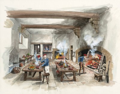 Rekonstrukce kuchyně v Hardwick Old Hall z roku 1601 (akvarel na papíře) od Liam Wales