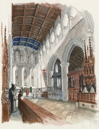 Rekonstrukce presbytáře v Lanercost Priory (akvarel na papíře) od Liam Wales
