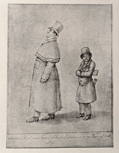 Rakousko, Vídeň, Karikatura rakouského barytonisty Johanna Michaela Vogla a skladatele Franze Petera Schuberta, cca 1825, kresba tužkou od Unbekannt Unbekannt