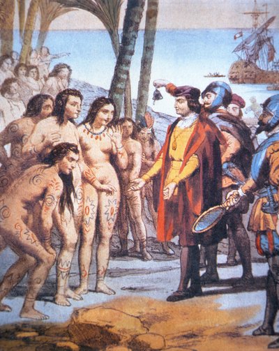 Kryštof Kolumbus přistává v Novém světě v roce 1492 a je vítán indiány Taino (barva litho) od Unbekannt Unbekannt
