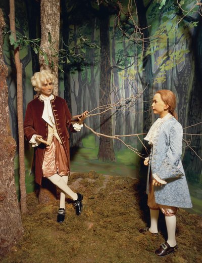 Francie, Chateau de Chenonceau, údolí Loiry, Jean Jacques Rousseau dává lekci na pozemku Chenonceau synovi Clauda Dupina; Napíše pojednání pro Emileovo vzdělání, reprodukci v Muzeu voskových figurín od Unbekannt Unbekannt