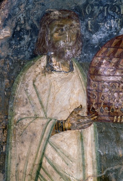 Kupující fresky kostela Agia Anna, drží model kostela, freska z roku 1642, Anisaraki, Kréta, Řecko od Unbekannt Unbekannt