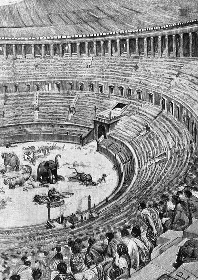 Slavnostní otevření Flaviovského amfiteátru, známého jako Koloseum, v Římě v roce 80 n. l., s publikem sledujícím boj se zvířaty, ilustrace z Historie Říma, Francesco Bertolini (1836-1909), Treves, Milán od Unbekannt Unbekannt