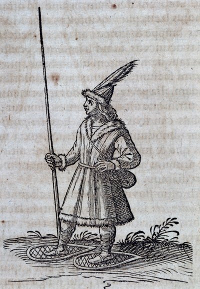 Obyvatel Kanady (Francie Canadienne) se sněžnicemi, ilustrace z Description de la Nouvelle France od Unbekannt Unbekannt